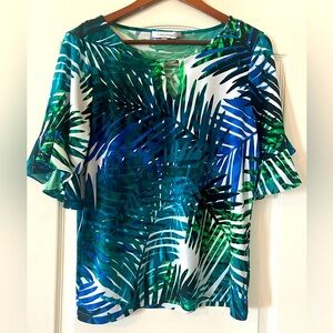 Calvin Klein Blue & Green Tropical Ruffle Sleeve Blouse Women’s Size Medium